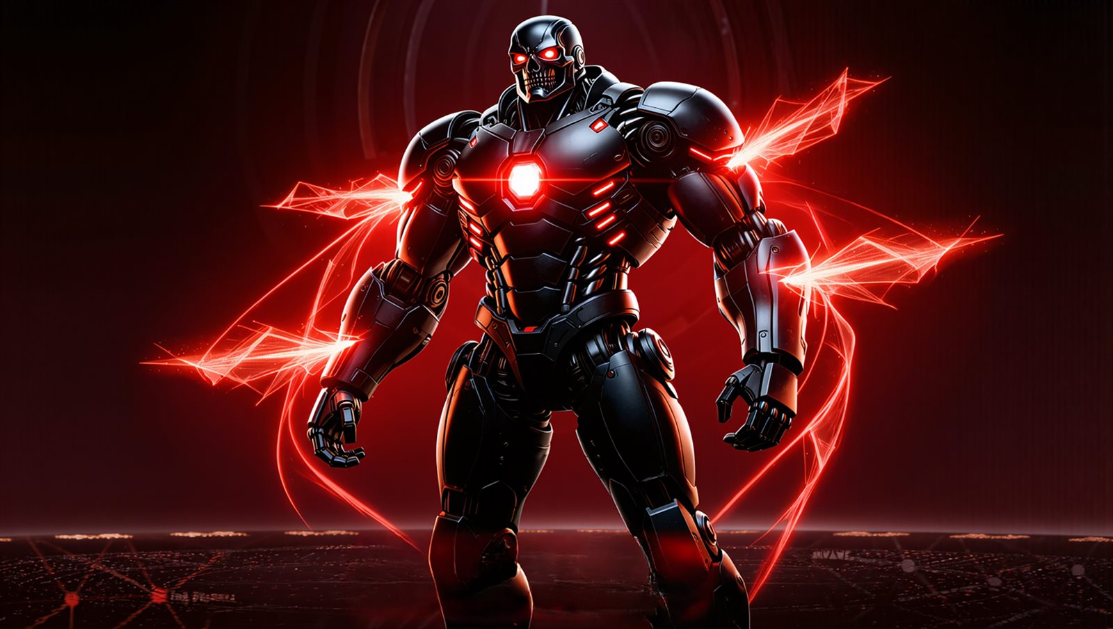 The Broker — a hulking black-and-red armored figure channeling streams of red energy