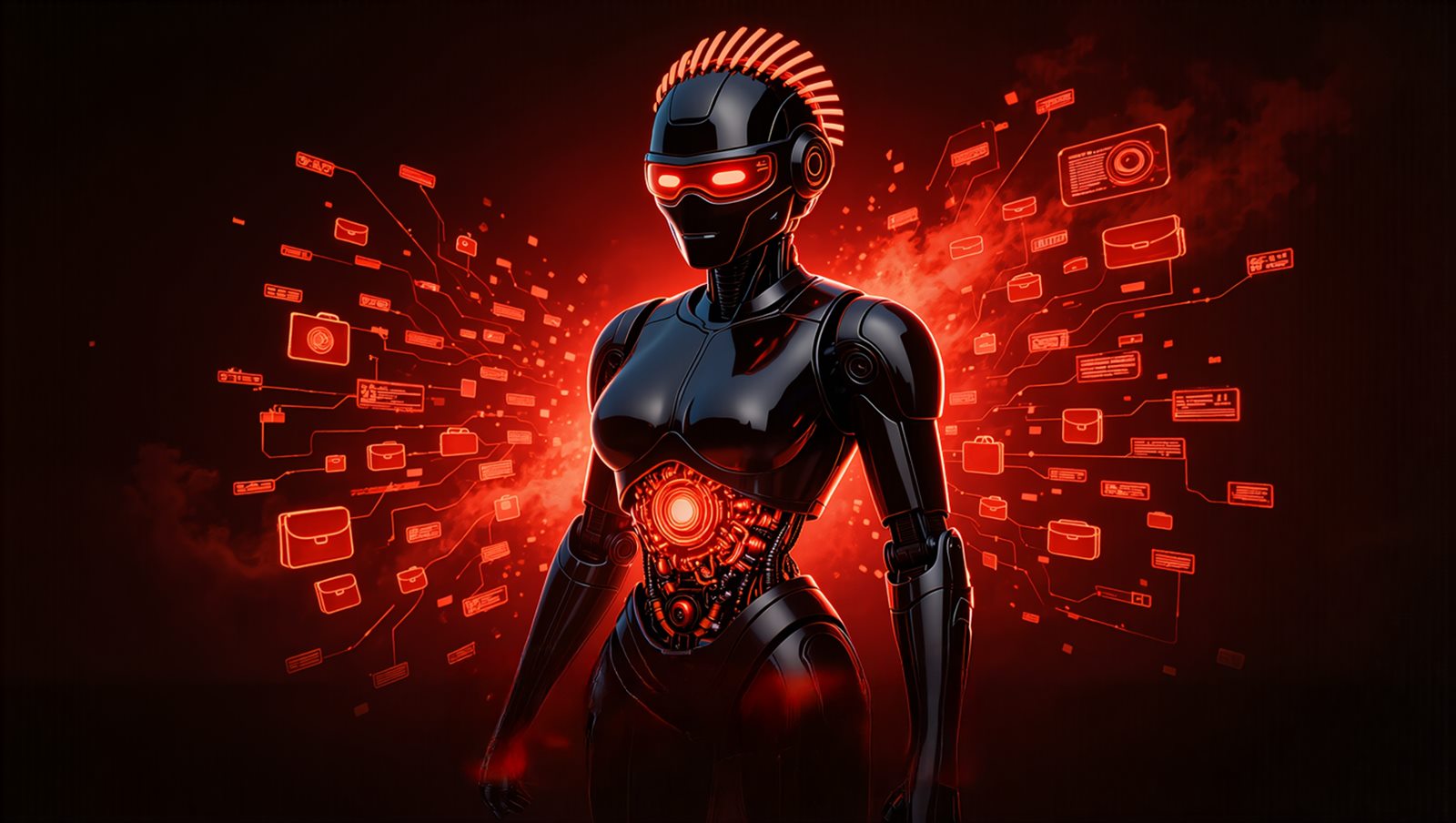 Cyren — a sleek bot with red visor projecting a storm of red holographic documents and icons