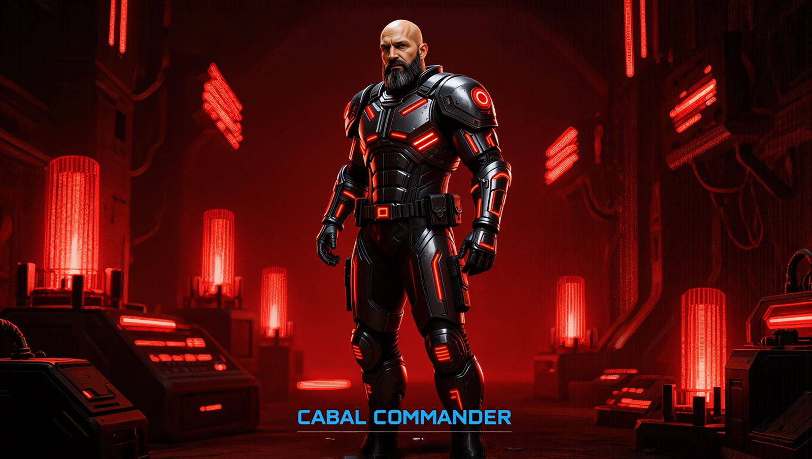 The Cabal Leader — a bald, bearded commander in red-lit armor inside the cabal's server room