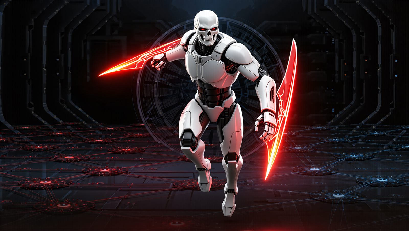 Phantom — a ghostly white skull-faced bot with red energy blades sprinting across the grid