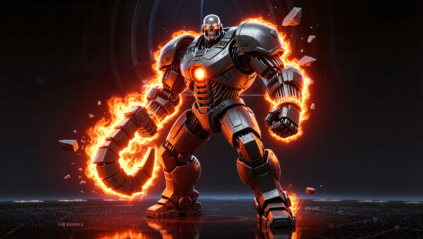 The Rugger — a massive chrome-skulled brute wreathed in fire, fists ready to smash