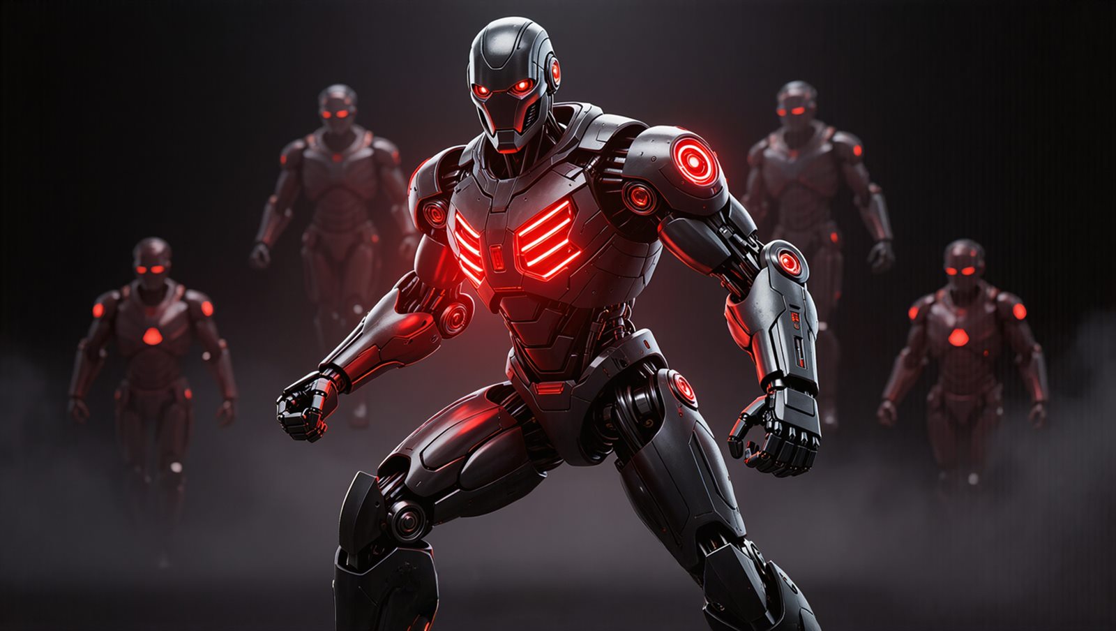 Shape Shifter — a red-eyed bot leading a squad of identical copies out of the dark