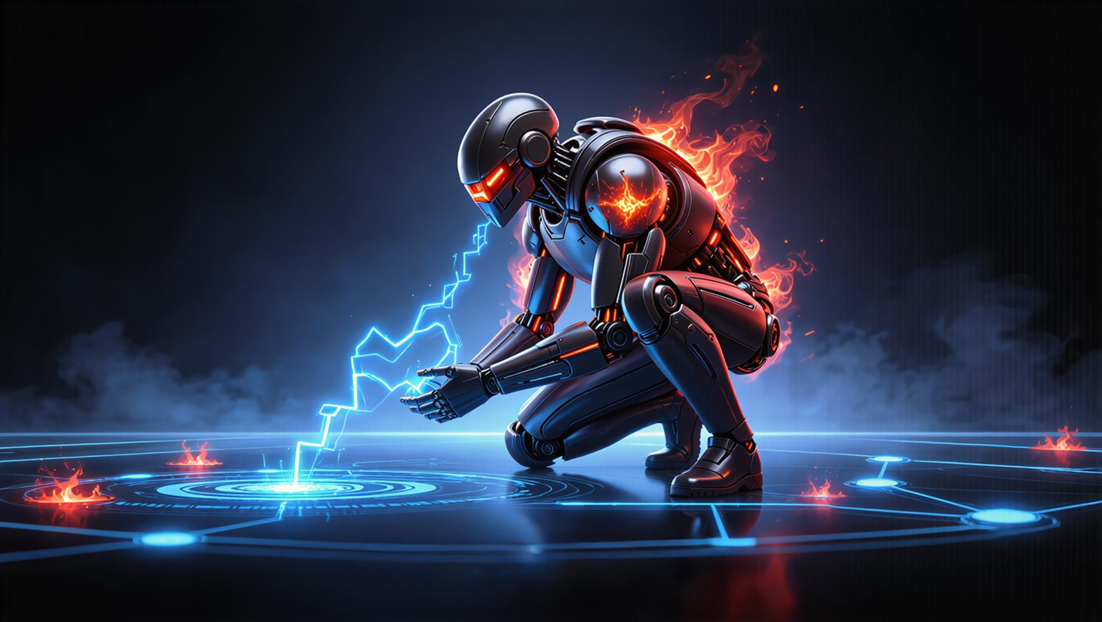 Zero Day — a flame-wreathed bot striking a launch node on the network grid with a bolt of energy